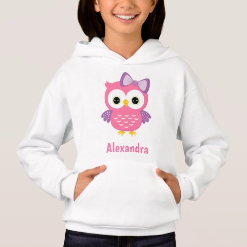 Cute Pink Owl with Personalized Name Girl Hoodie