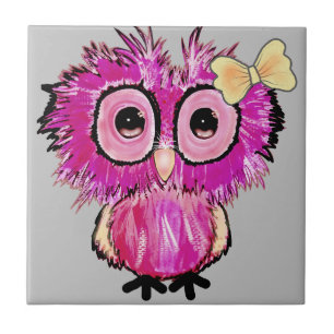 Cute Pink Owl with ribbon bow Ceramic Tile