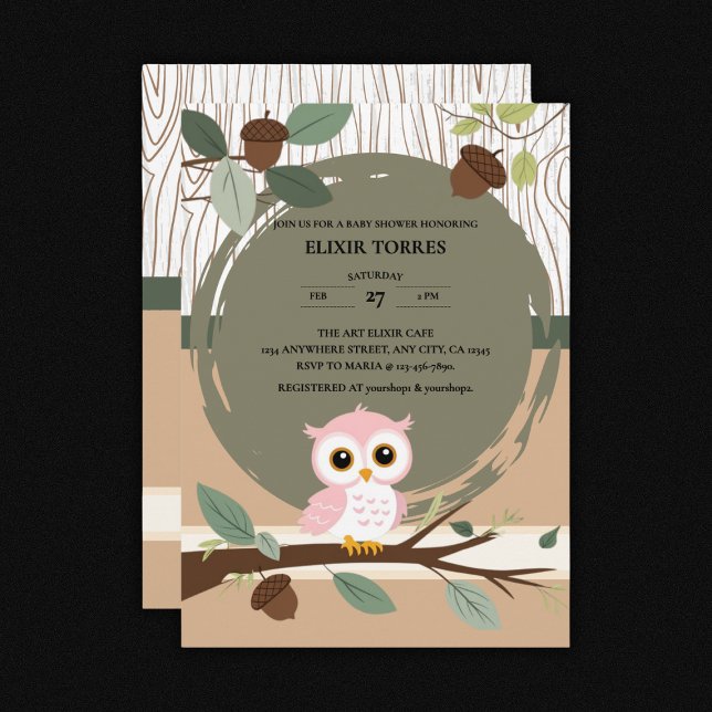 Cute Pink Owl Woodland Forest Baby Shower Invitation (Creator Uploaded)