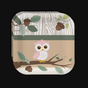 Cute Pink Owl Woodland Forest Baby Shower Paper Plates