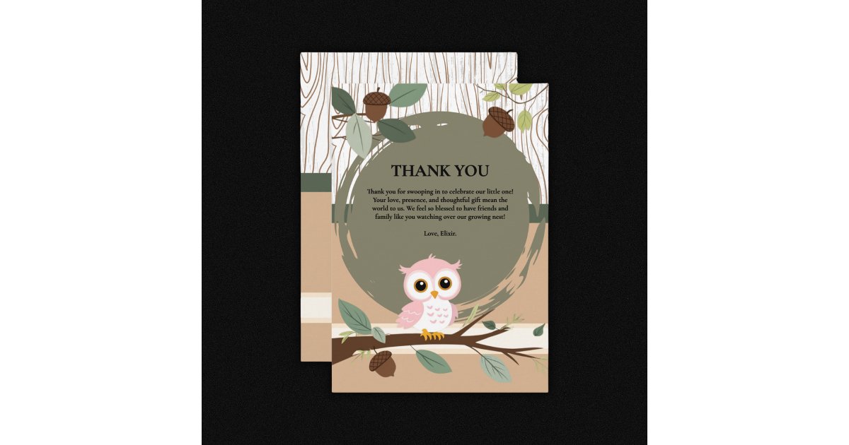 Cute Pink Owl Woodland Forest Baby Shower Thank You Card | Zazzle