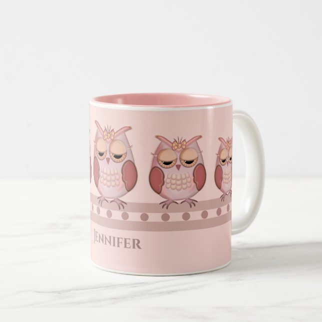 Cute pink owls and custom name Two-Tone coffee mug (Front Right)