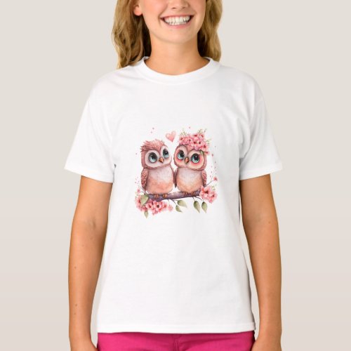 Cute Pink Owls Couple Valentines Day  T_Shirt
