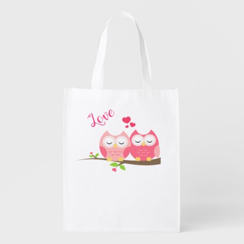 Cute Pink Owls in Love on Branch with Hearts Grocery Bag