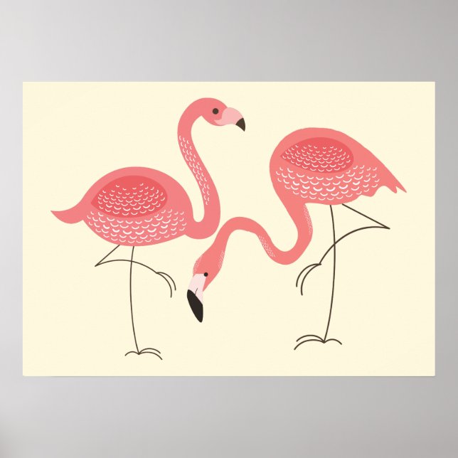 Cute Pink Pair Of Flamingos Illustration Poster (Front)
