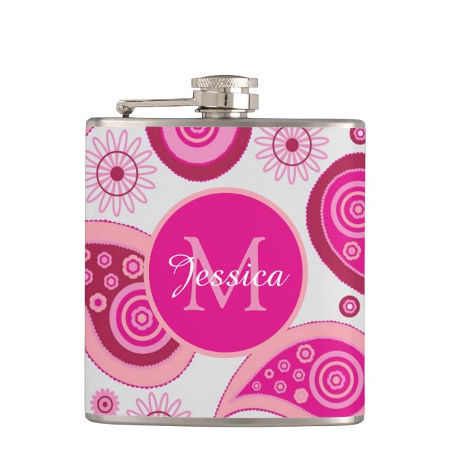 Cute Pink Paisley Personalised Flask (Front)