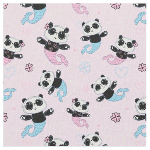 Cute Pink Panda Bear Mermaids Fabric