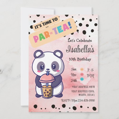 Cute Pink Panda Boba Tea Birthday Invitation