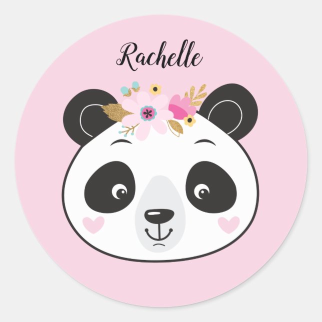 Cute Pink Panda Face Girly Personalized Classic Round Sticker (Front)
