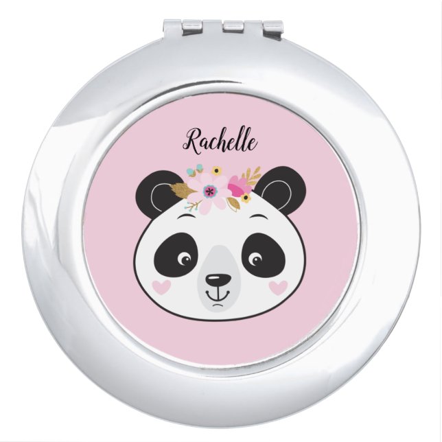 Cute Pink Panda Face Girly Personalized Compact Mirror (Front)