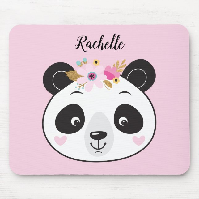 Cute Pink Panda Face Girly Personalized Mouse Pad (Front)