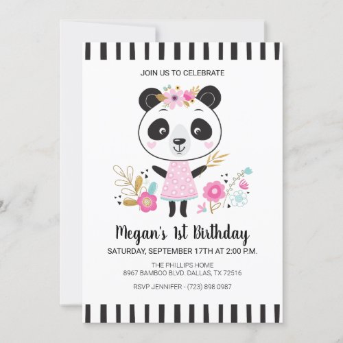 Cute Pink Panda Girls 1st Birthday Party Invitation