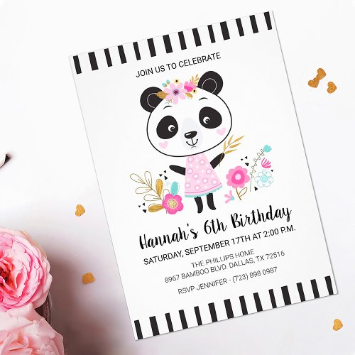 Cute Pink Panda Girls Birthday Party Invitation