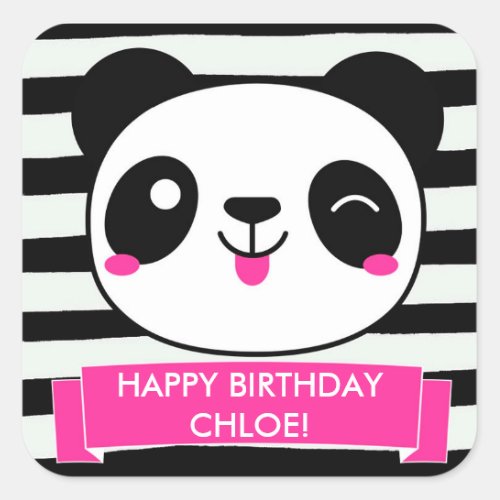 Cute Pink Panda Girls Happy Birthday Stickers