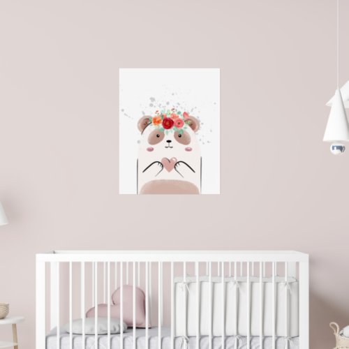 Cute Pink Panda Watercolor Flowers Nursery Poster