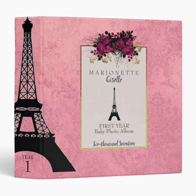 Cute Pink Paris French Eiffel Towel Baby Album 3 Ring Binder (Front/Spine)
