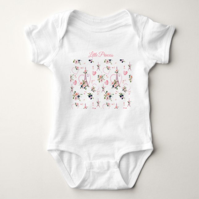 Cute Pink Parisian Floral Baby Bodysuit (Front)