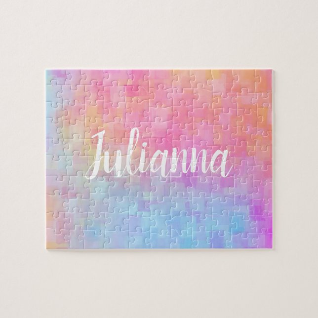 Cute Pink Pastel Abstract Watercolor Personalized Jigsaw Puzzle (Horizontal)