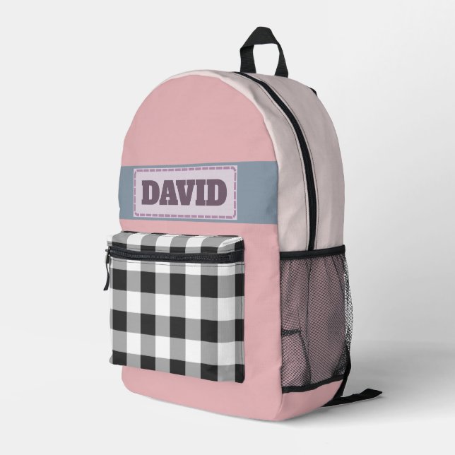 Cute Pink Pastel Buffalo Plaid Stitched Patch Mono Printed Backpack (Back Corner Right)