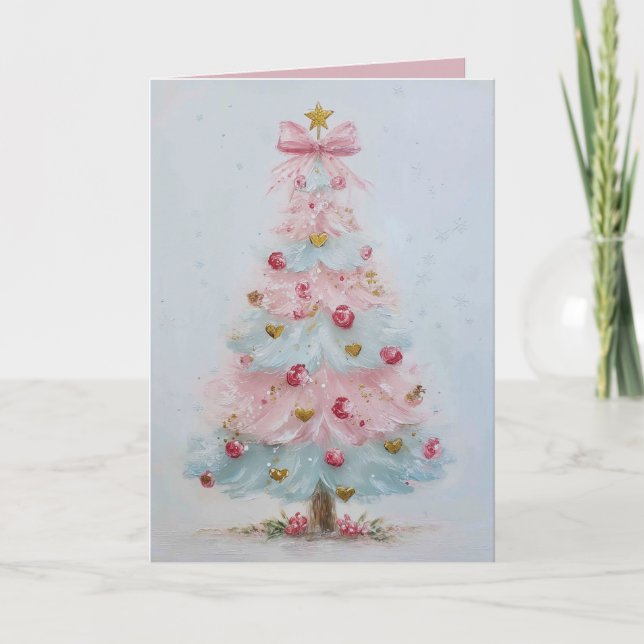 Cute Pink Pastel Christmas Tree Christmas Card (Front)