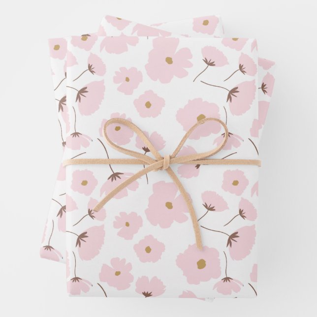 Cute Pink Pastel Daisy Floral Wrapping Paper Sheets (In situ)