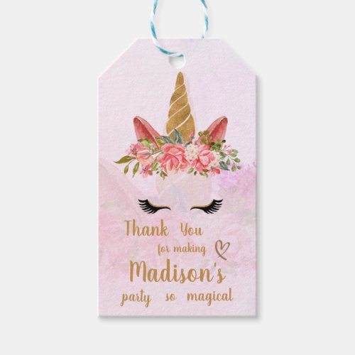 Cute Pink Pastel Floral Unicorn Birthday Party Gift Tags