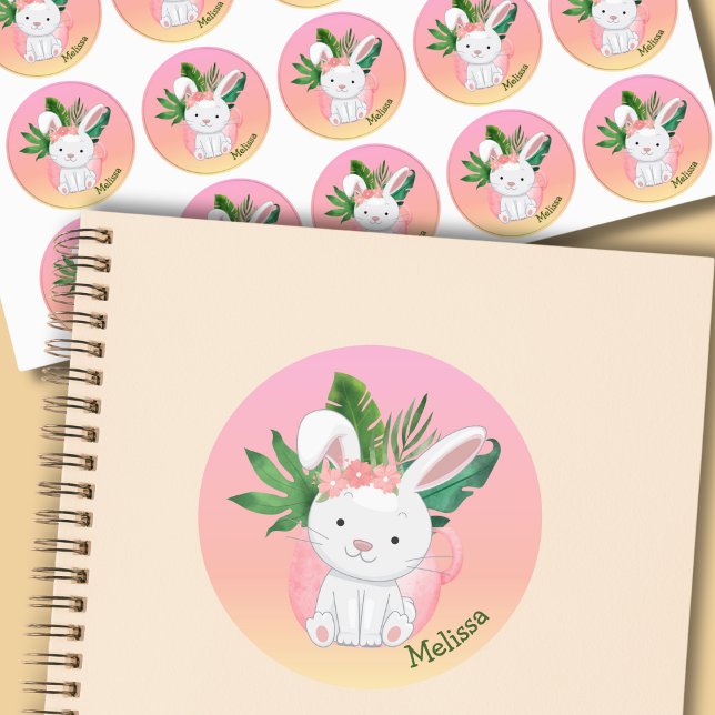 Cute Pink Pastel Gradient Flower Bunny Name Labels (Creator Uploaded)