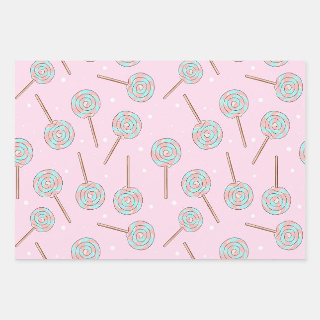 Cute Pink Pastel Lollipop Seamless Pattern Wrapping Paper Sheets (Front)