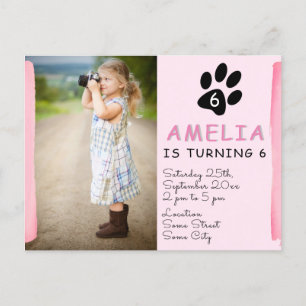Cute Pink Paw Photo Birthday Party Invitation