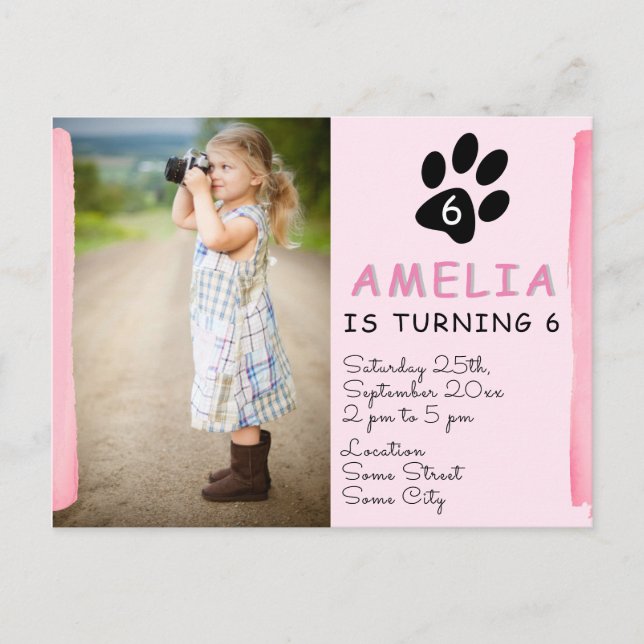 Cute Pink Paw Photo Birthday Party Invitation (Front)