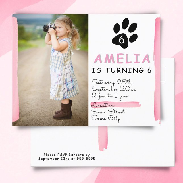 Cute Pink Paw Photo Birthday Party Invitation (Creator Uploaded)
