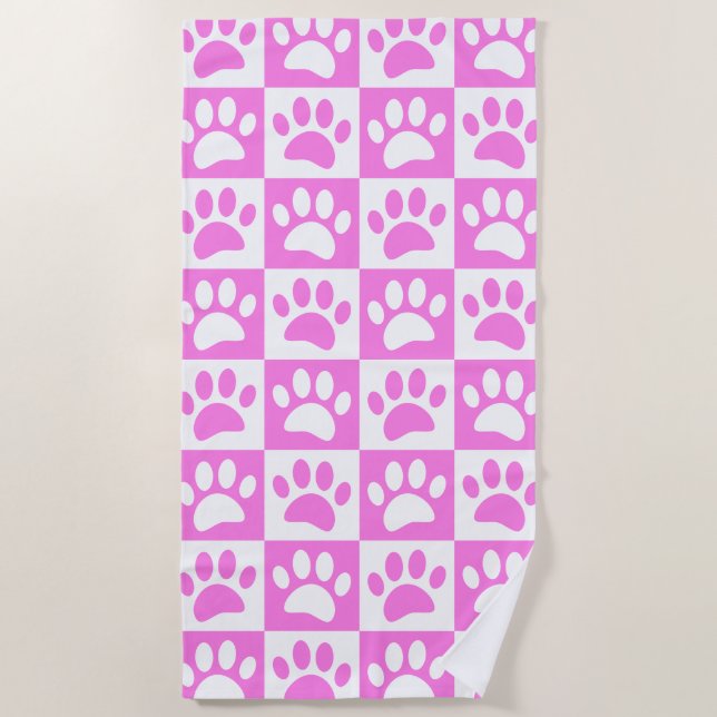 Cute Pink Paw Print And Checkerboard Pattern  Beach Towel (Front)