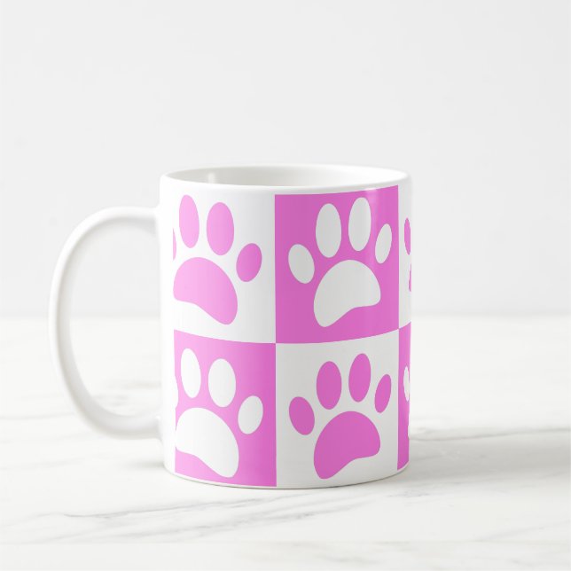 Cute Pink Paw Print And Checkerboard Pattern Coffee Mug (Left)