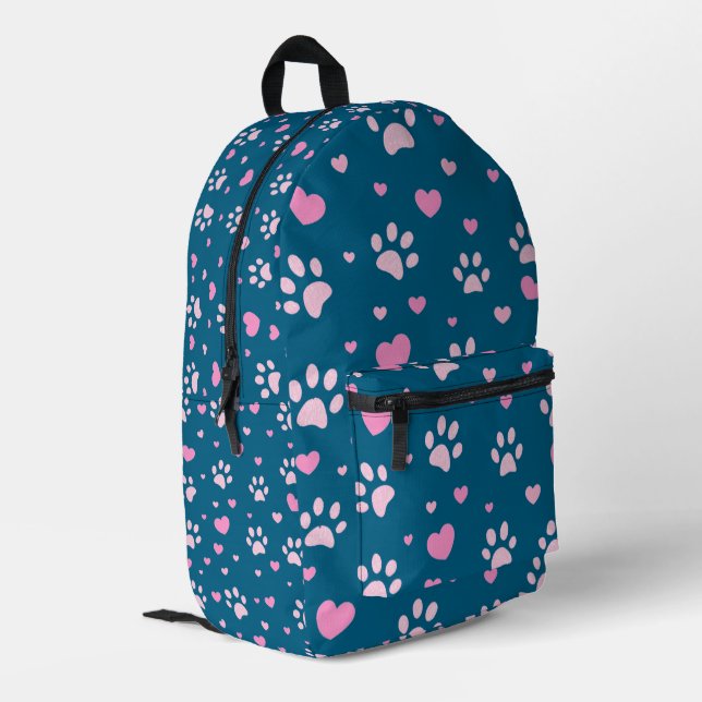 Cute Pink Paw Print and Heart Pattern Backpack (Back Corner Left)
