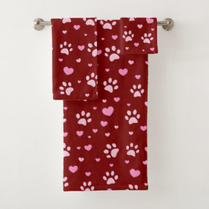 Cute Pink Paw Print & Hearts Bath Towel Set