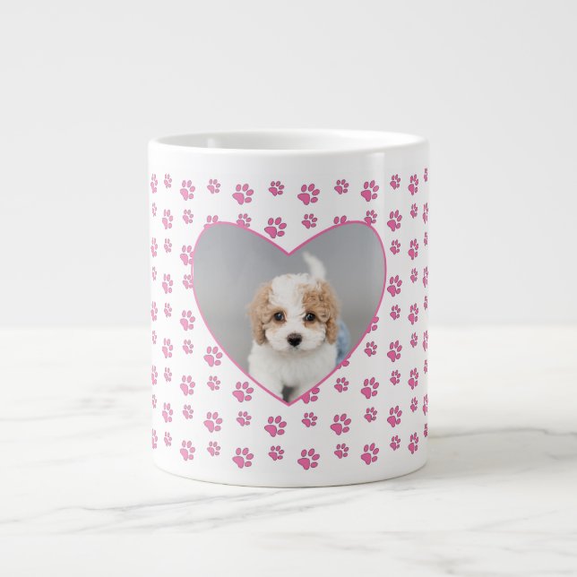 Cute Pink Paw Prints Personalized Dog Mom Photo Giant Coffee Mug (Front)