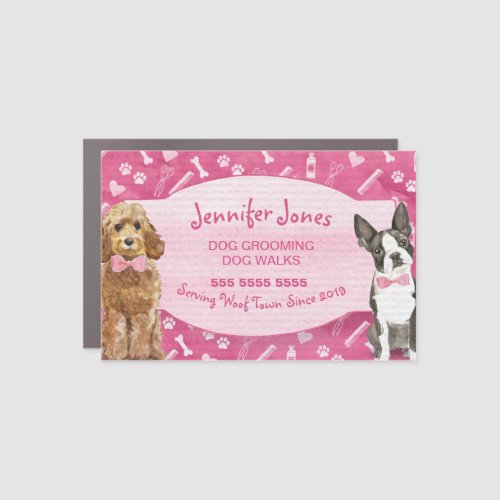 Cute Pink Paws Bones and Dog Grooming Pet Business Car Magnet