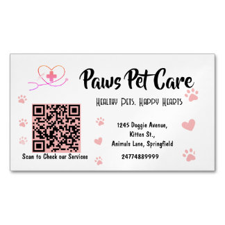 Cute Pink Paws Pet Care Pet Shop Logo Name Barcode Business Card Magnet