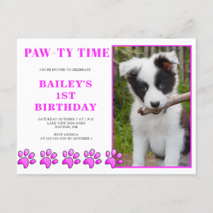 Cute Pink Pawty Time Dog Birthday Invitation Postcard