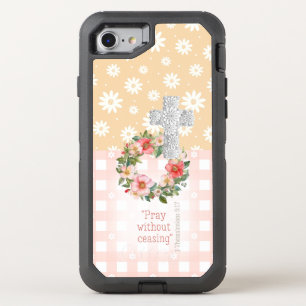 Cute Pink Peach Rose Wreath Cross Christian OtterBox Defender iPhone SE/8/7 Case
