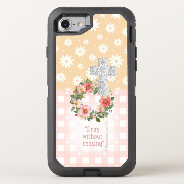 Cute Pink Peach Rose Wreath Cross Christian Otterbox iPhone Case (Back)