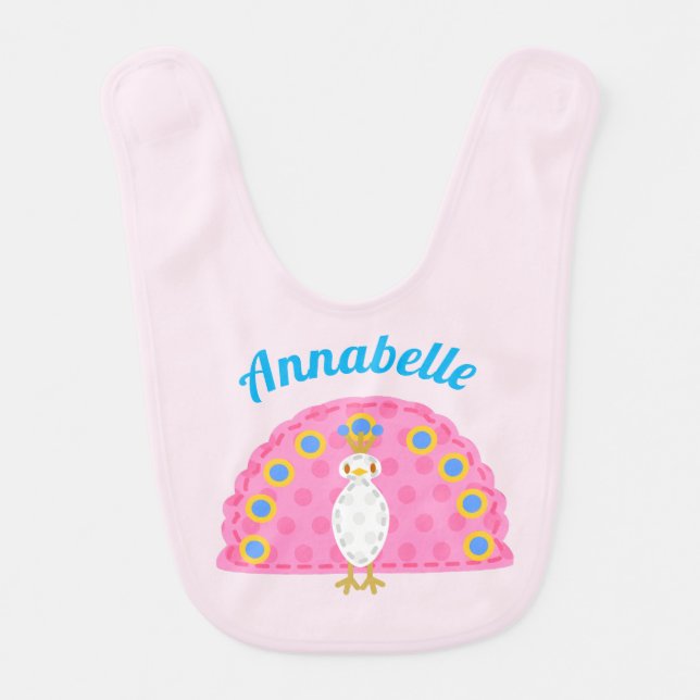 Cute Pink Peacock Personalised Baby Girl's Baby Bib (Front)