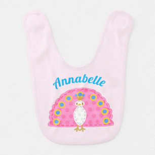 Cute Pink Peacock Personalised Baby Girl's Bib