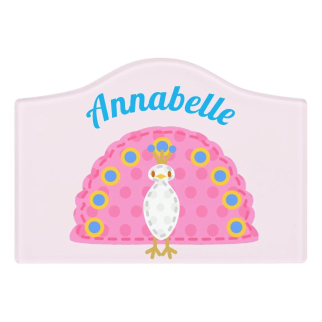 Cute Pink Peacock Personalised Baby Girl's Door Sign (Small Crest Front)