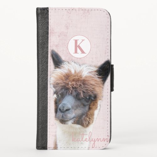 Cute Pink Peek_a_Boo Alpaca Photograph Monogrammed iPhone XS Wallet Case