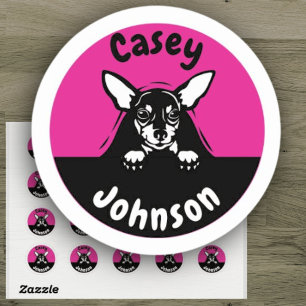 Cute Pink Peeking Dog Back to School Name Classic Round Sticker