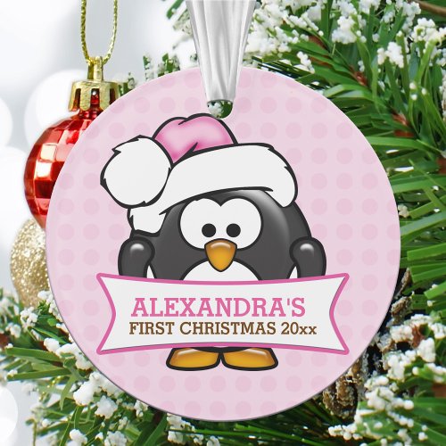 Cute Pink Penguin Babys 1st Christmas Ornament