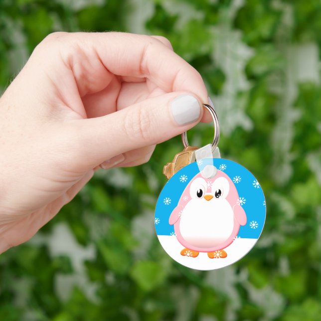 Cute Pink Penguin Cartoon Snow Flakes Custom Keychain (Hand)