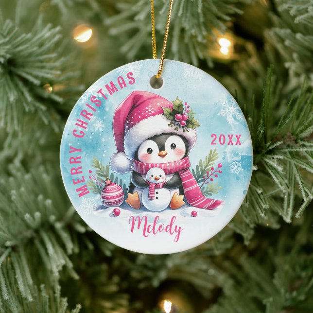 Cute Pink Penguin Girl First Name Merry Christmas  Ceramic Ornament (Tree)