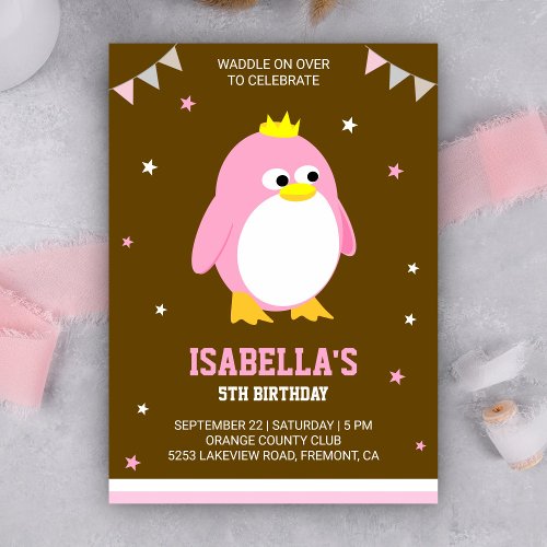 Cute Pink Penguin Girls Birthday Party Invitation
